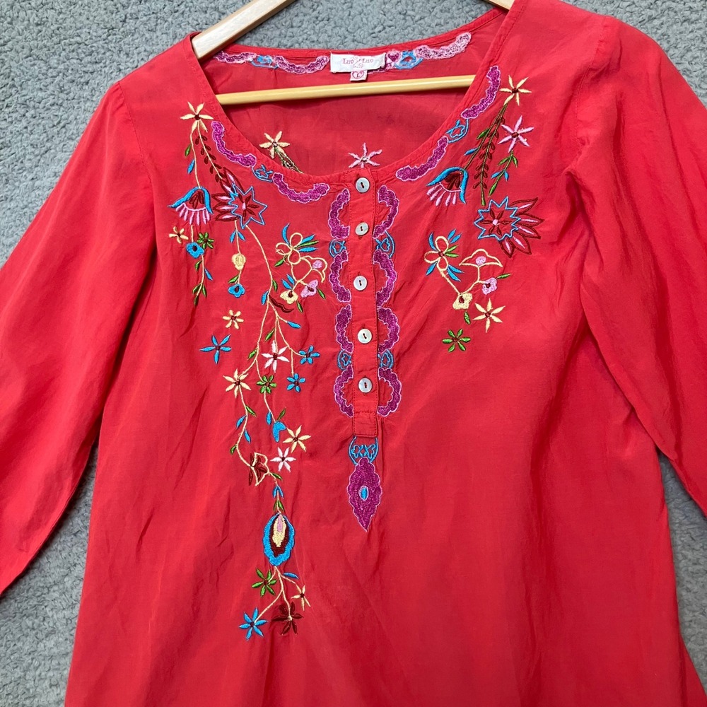 Y2K Vtg Luv2luv Top Women L Hot Pink Coral Embroidered Flowers Summer Colors 90s - Picture 4 of 6